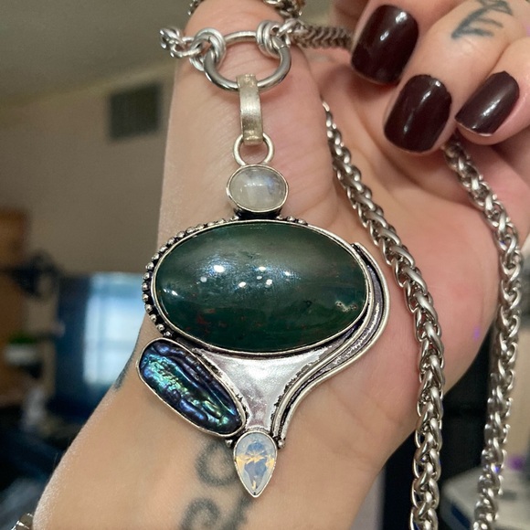 925 sterling silver overlay heliotrope moonstone opalite & pearl boho necklace - Picture 14 of 14